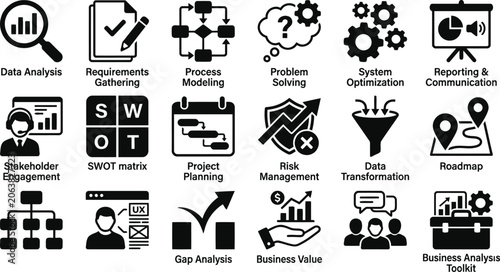 Comprehensive set of black and white icons representing essential business analysis concepts, including data analysis, project planning, risk management, stakeholder engagement, and strategic planning