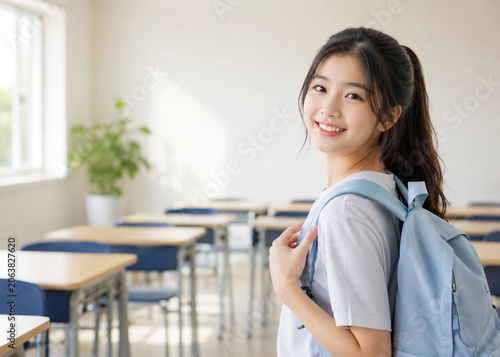 A female student smiling while carrying her backpack in front of a cram school classroom