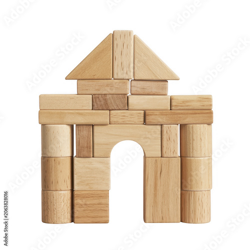 A small castle structure built from natural light brown wooden building blocks, featuring a central arched doorway and a triangular roof peak