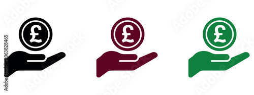 Photos Set of three flat pound sterling currency coin icons held in a hand for financial business use