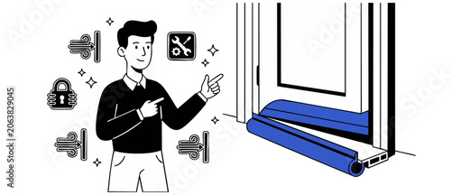 Draft stopper window seal installation by smiling man pointing to blue foam weather strip for home energy saving, security and temperature control; flat vector illustration design showing diy repairs.