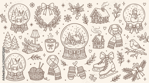 Obraz na płótnie Charming Hand-Drawn Winter Elements Collection: Snow Globes, Cozy Scenes, and Festive Decorations