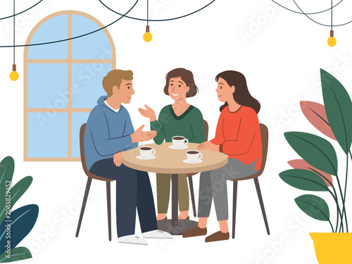 A group of friends, a man and two women, are talking at a table in a cafe. Flat vector illustration isolated on a white background