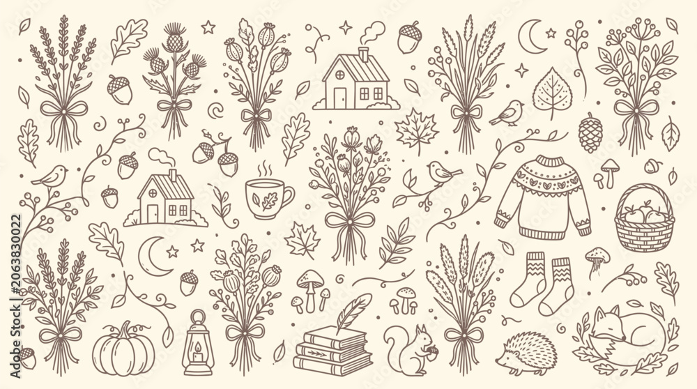 Fototapeta premium Charming Hand-Drawn Autumnal Elements Collection with Cozy Seasonal Motifs.