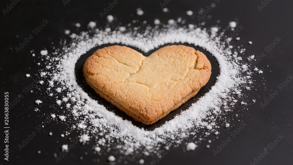 Obraz premium Heart-Shaped Cookie with Powdered Sugar on Black Background, Love and Sweetness Concept