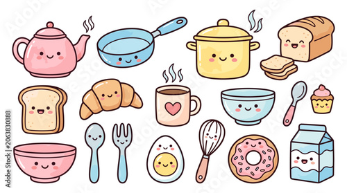 Cute hand drawn kitchen and breakfast food doodle set.