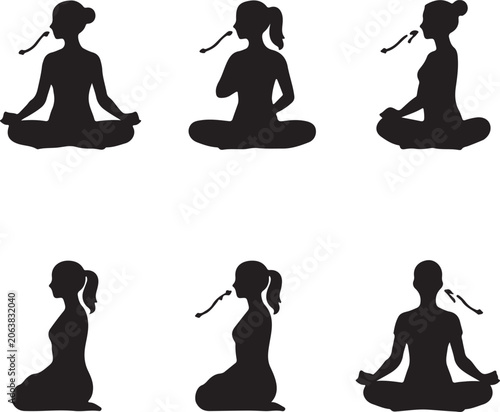 Quadro su tela Yoga Breathing Techniques and Meditation Poses Silhouette Collection