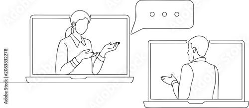 Obraz na plátně Minimalist continuous line art showing two people conducting online meeting through laptop screens for remote discussion