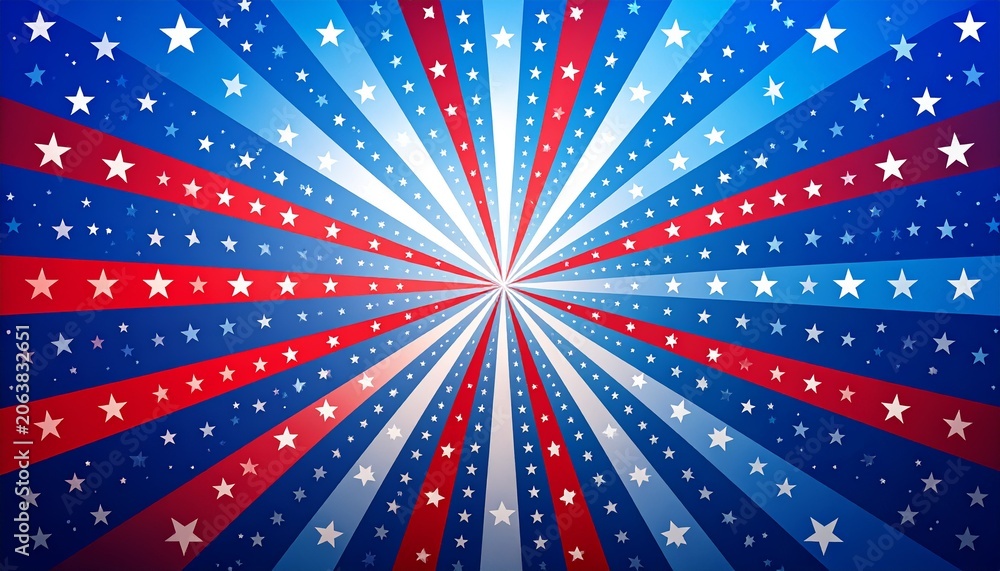 Fototapeta premium Radiant burst of red white and blue fireworks in night sky.