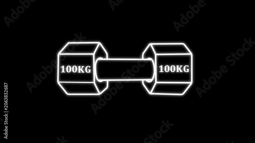 Dumbbell simple clipart, 100 kg weight and gym icon neon line animation Isolated . Muscle lifting, fitness barbell, weight, crossbar gym, sports equipment symbol, exercise barbell.black background