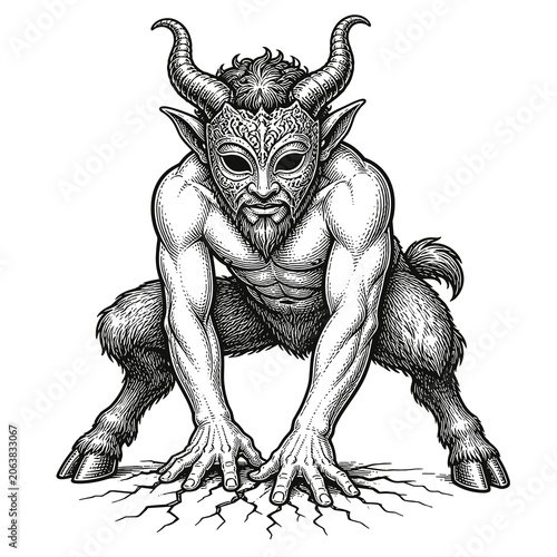 Crouching horned demon illustration with piercing gaze.