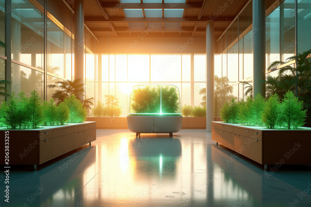 Naklejka premium Modern Atrium with Lush Green Plants and Warm Sunlight