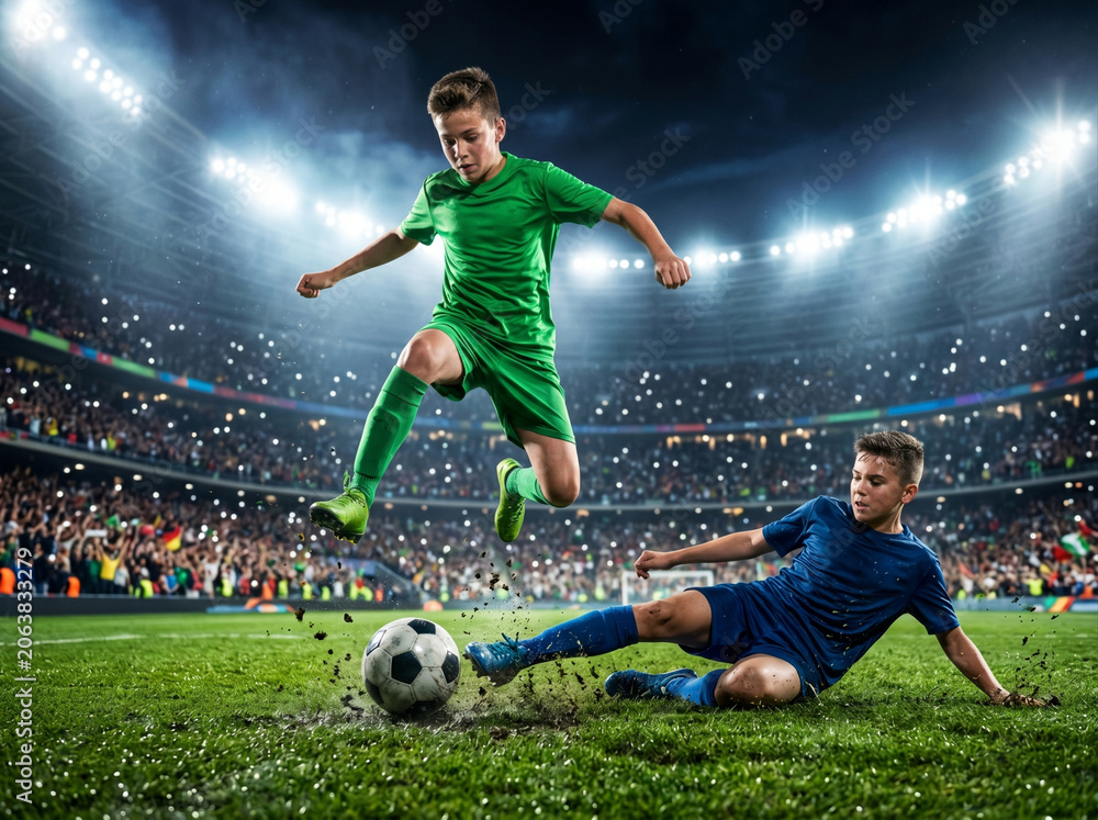 Naklejka premium Kids on a soccer stadium. Mixed media