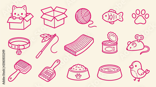 Foto Collection of cute cat-related icons and illustrations, including a playful kitten, toys, food, and accessories, all in a charming pink outline style on a cream background
