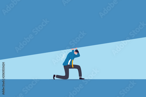 Work pressure, heavy burden causing stress, anxiety or resilience employee, overwhelmed workload, burnout or endurance to perseverance, fatigue exhausted businessman carry heavy load with difficulty.