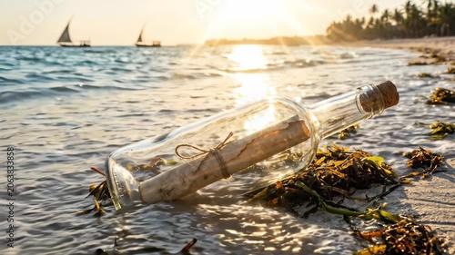 A glass bottle lies on the sandy beach, partially covered by seaweed, as the sun sets on the horizon. The warm golden light reflects on the water, creating a serene atmosphere filled with intrigue.