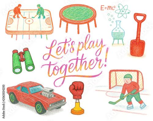 Children's games, childhood, toys, colored pencils, watercolor, hand drawing