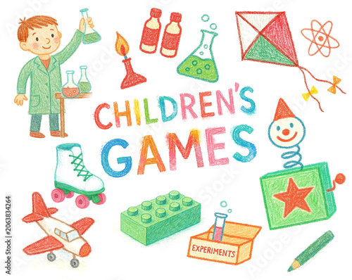 Children's games, childhood, toys, colored pencils, watercolor, hand drawing