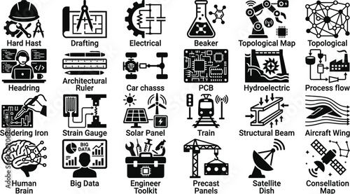 A comprehensive collection of black and white engineering icons representing various technical fields, infrastructure, tools, industrial processes, and scientific concepts in a modern flat style.