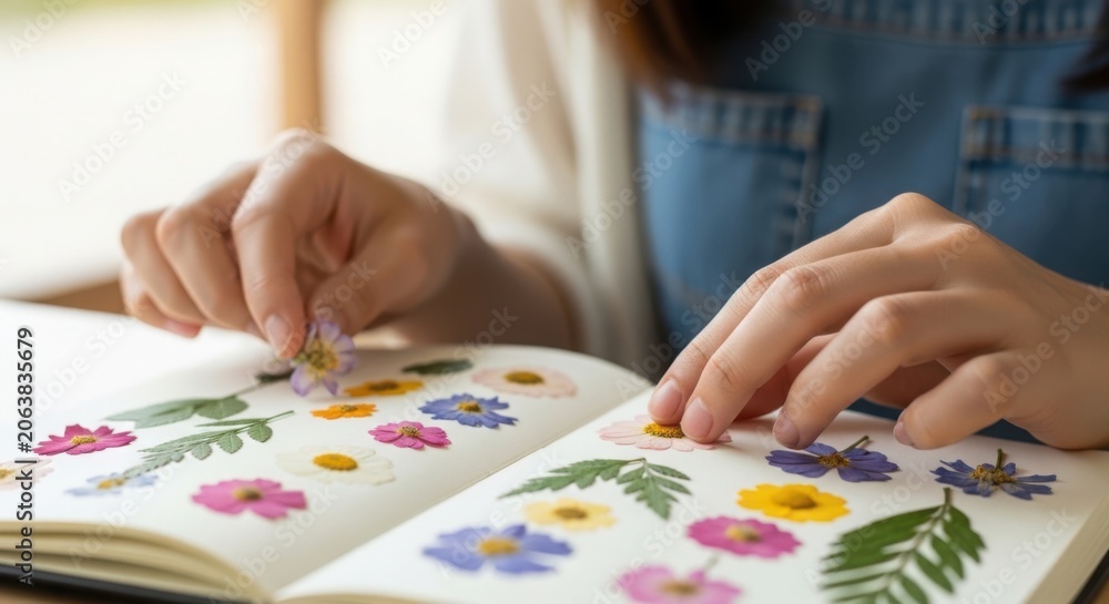 Fototapeta premium Flower pressing in scrapbook by person using colorful petals and leaves, capturing vibrant nature elements while crafting, creating beautiful floral artwork.