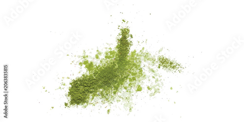 Schilderij op canvas A pile of organic green matcha tea powder scattered on a flat surface