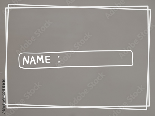 Hand Drawn White Name Tag Plate with Doodle Border on Grey Background, Cute Doodle Style Name Bar Template for Kids School Labels and Notebooks, Minimalist Sketch Style Double Line Frame with Blank 