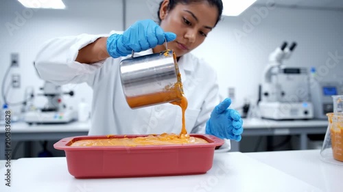 In a state-of-the-art lab, a dedicated scientist with gloves carefully pours a thick, bright orange substance into a bright red container, showcasing precision and skill.