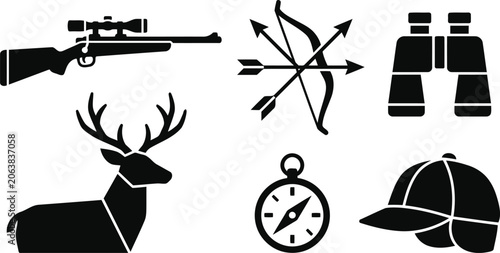 A set of black and white hunting icons including a rifle, bow and arrows, binoculars, a deer silhouette, a compass, and a hunting cap.