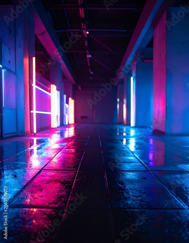 Neon lit corridor with colorful reflections.
