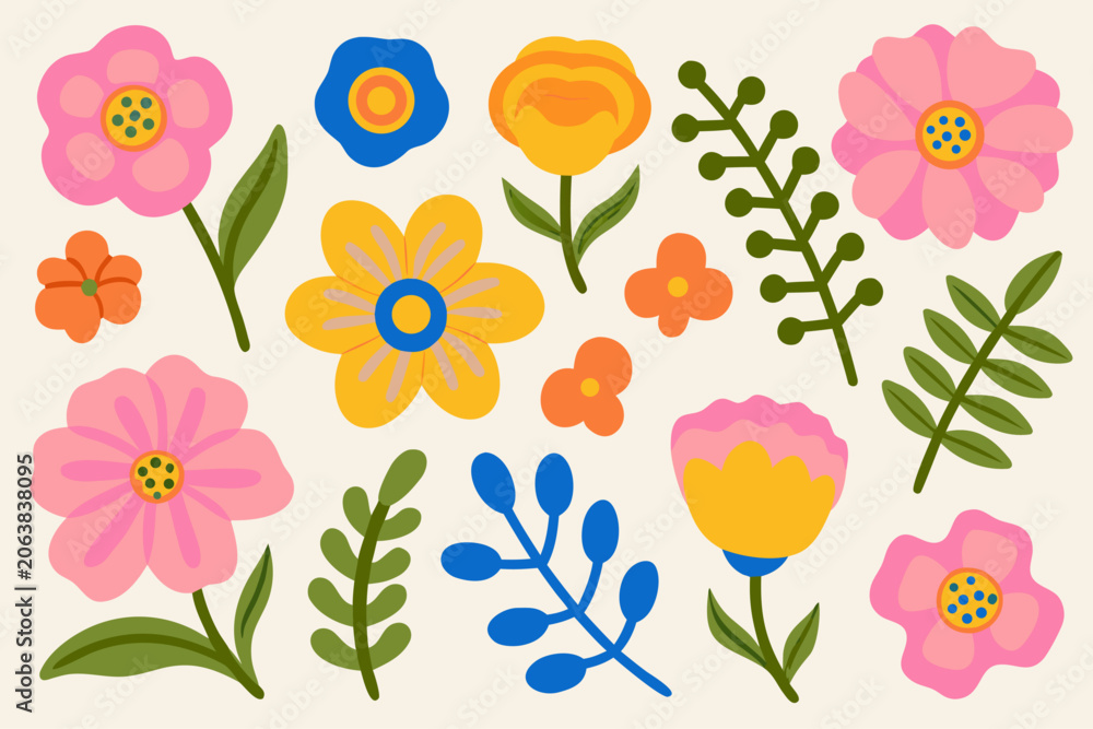 Obraz premium Floral pattern elements, flat vector flower set for branding and UI design