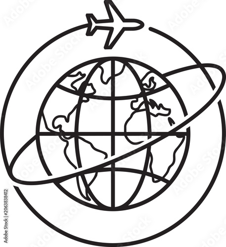 Minimalist global travel line art illustration, featuring an airplane flying around the earth globe planet. Outline vector design for international tourism, logistics, airline branding, and world trip