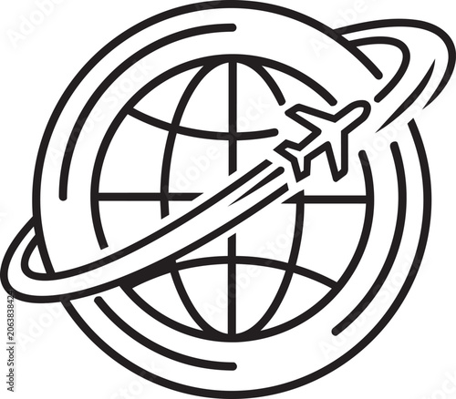 Dynamic global travel line art icon, featuring an airplane with speed trail orbiting a world globe planet inside a circular frame. Outline vector design for international logistics, fast shipping, air