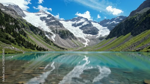 Serene glacial lake mirrors majestic snow-capped mountains and lush green slopes