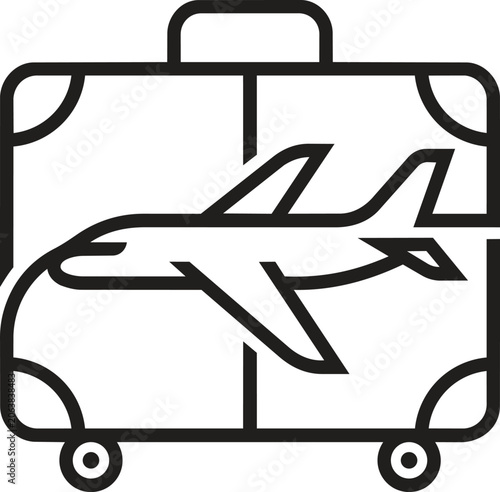 Minimalist travel suitcase and airplane line art icon, featuring a luggage bag with a plane silhouette logo. Vector outline design for tourism agencies, airline branding, vacation concepts, and trip p