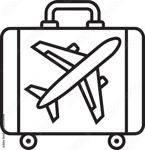 Minimalist travel suitcase icon featuring an airplane inside a luggage bag. Clean outline vector design for tourism, vacation planner apps, airline branding, travel agencies, and business trip logos.