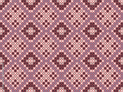 Geometric knit pattern featuring interlocking shields, circles, and lattice motifs in teal, gold, and rose tones. Perfect for knit apparel, accessories, home textiles, and upholstery.