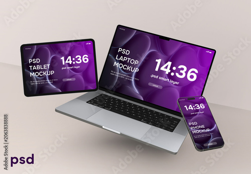 Isolated laptop, tablet and smartphone mockup set – 3D rendered images