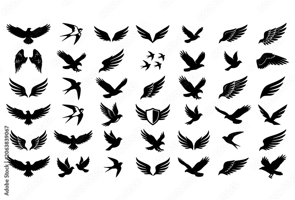 Fototapeta premium Black Eagle Swallow Dove Hawk Wing and Heraldic Shield Bird Silhouette Set with Flying Spread Pose Style Variations Vector