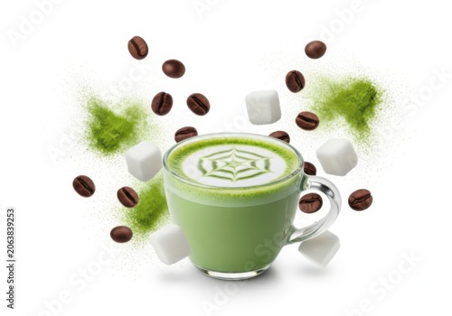 A cup of green matcha latte tea with flying coffee beans and sugar cubes art isolated on white background