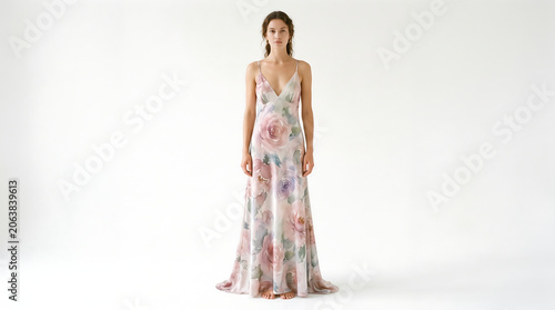 Front-View Centered Bias-Cut Slip Dress with Abstract Watercolor Floral Print on White Background