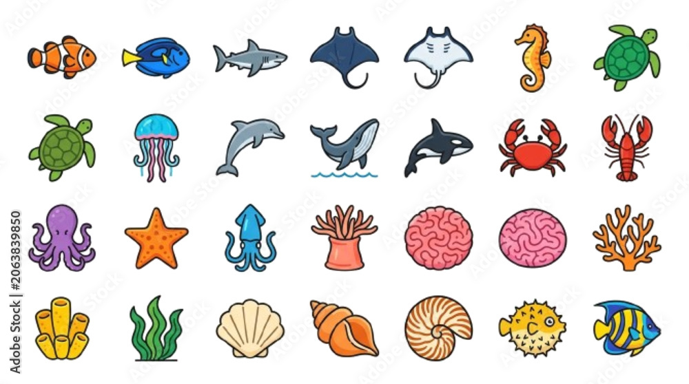 Obraz premium Ocean life vector icon 25 set, fish, dolphin, whale, coral, seashell. white bg