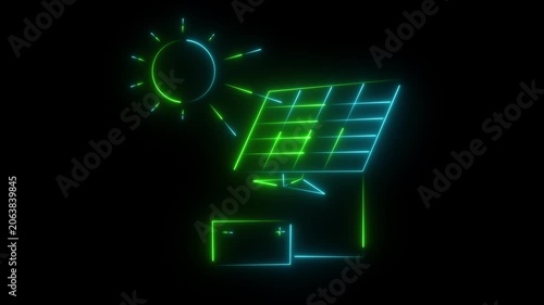 Solar energy panel neon icon with sun animation. black background.