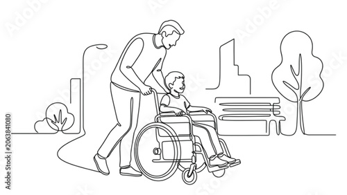 Parent Pushing Wheelchair Child One Line Vector SVG Illustration