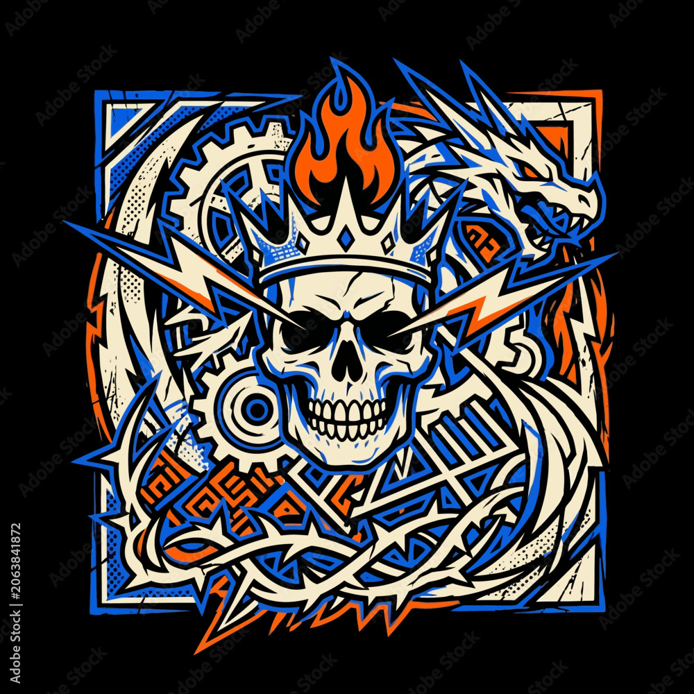 Obraz premium Gothic Skull Illustration with Crown Dragon Gears and Lightning Bolts in Vibrant Blue and Orange.