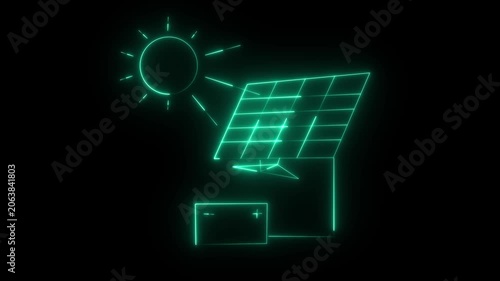 Solar energy panel neon icon with sun animation. black background.