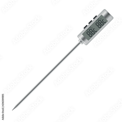 Digital food thermometer with long steel probe for cooking time and temperature checks in the kitchen