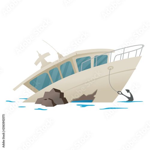 An illustration of a boat that crashed on rocks in the ocean during a storm off the coast. Concept of a maritime disaster, shipwreck, or water accident.