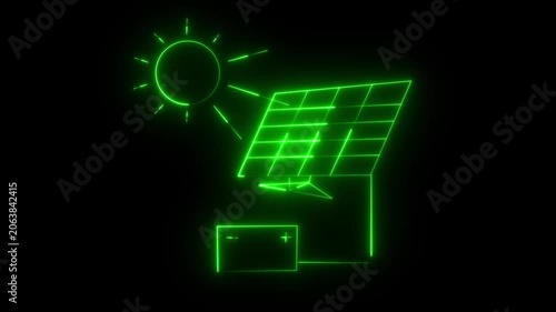 Solar energy panel neon icon with sun animation. black background.
