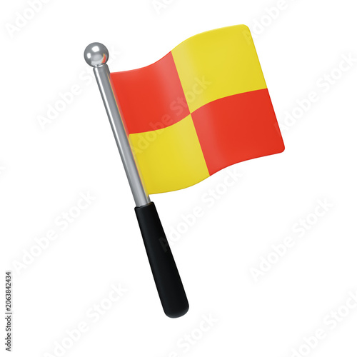 3D illustration of a red and yellow checkered soccer linesman referee flag