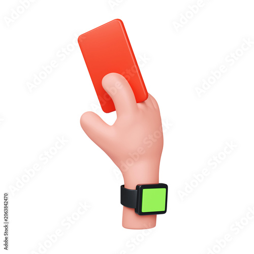 3D illustration of a hand holding a red card for soccer referee penalty